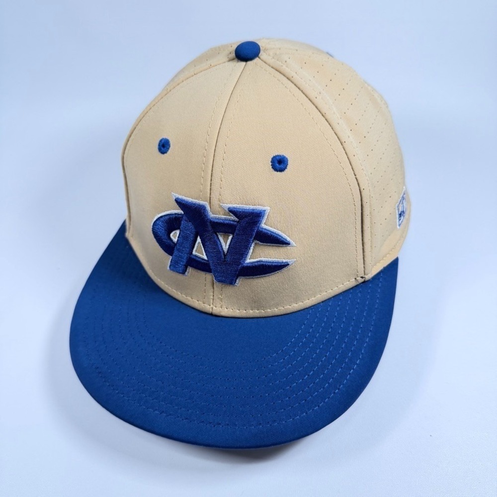 The Game Pro Golden Spikes Baseball Hat Tan Blue Perforated Fitted Cap Size M